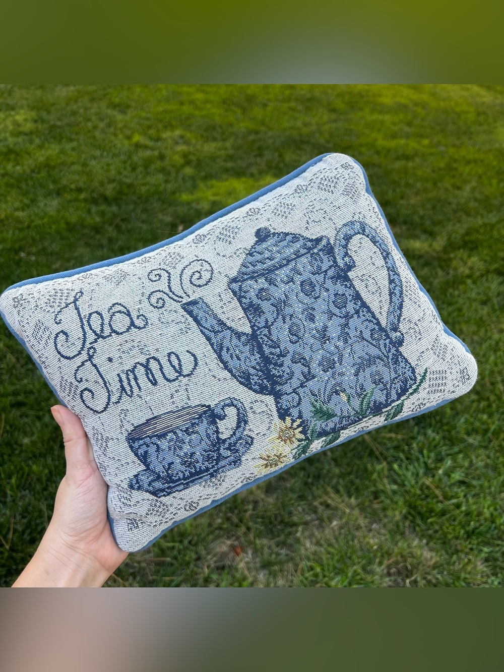 Vintage Tapestry Tea Time Small Throw Pillow Blue 12" x 8" Grannycore Cottage